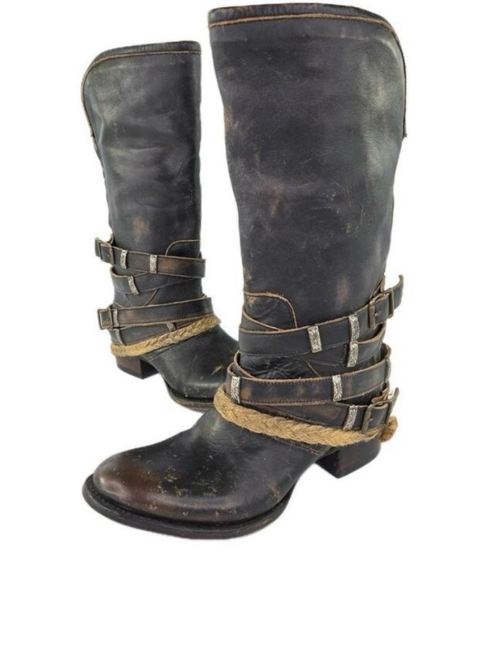 Free Bird Black Leather Boots with Buckle and Rope Detail